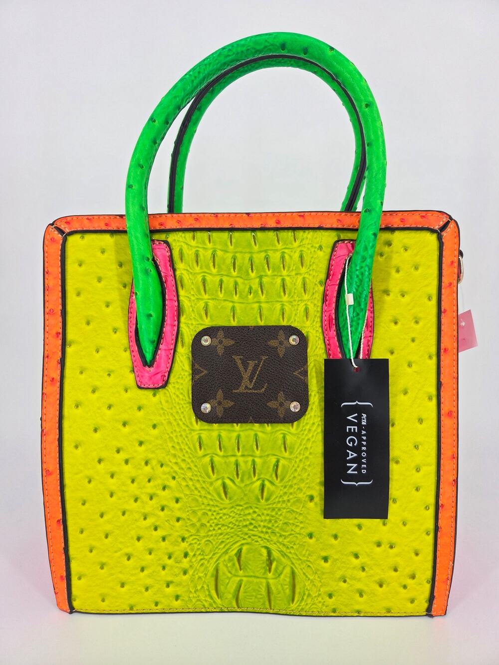 Sandra Ling Upcycled Neon Yellow Green Pink Vegan Alligator Embossing Handbag